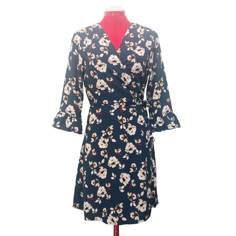 Lush Wrap Tie Blue Floral Print A-Line 3/4 Sleeve Spring Dress US S